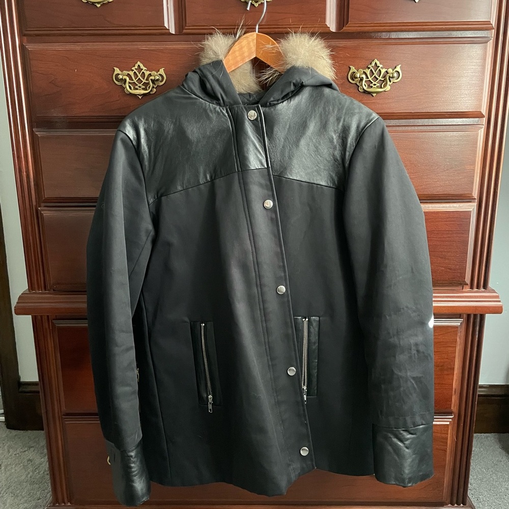Sandro leather jacket with fur hood